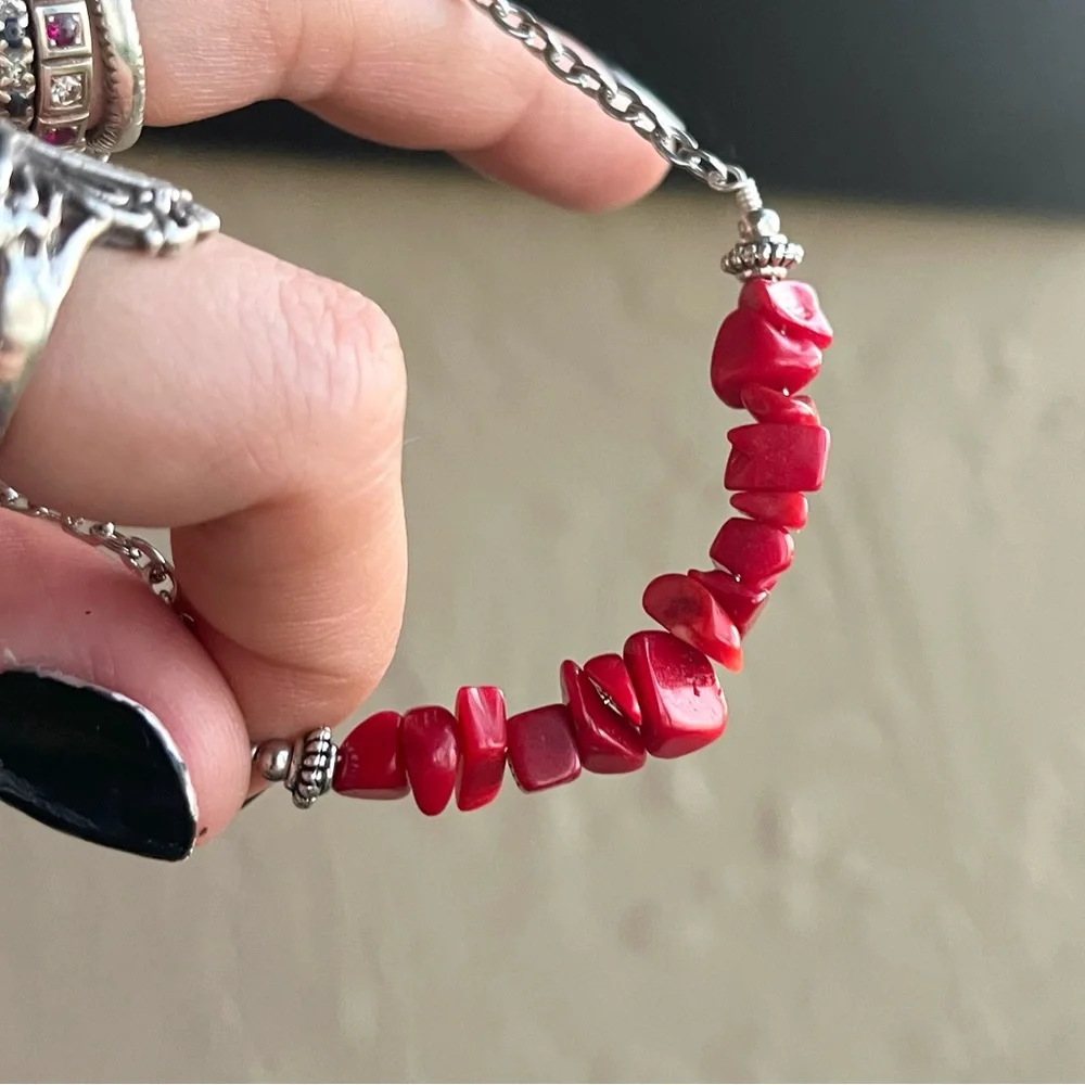 Set ! Red coral skull double layer necklace + matching skull earrings goth boho - Picture 15 of 16